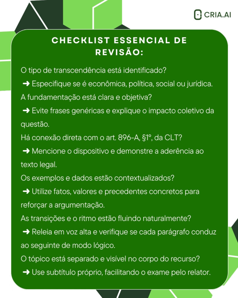 Transcendência no Recurso de Revista Checklist